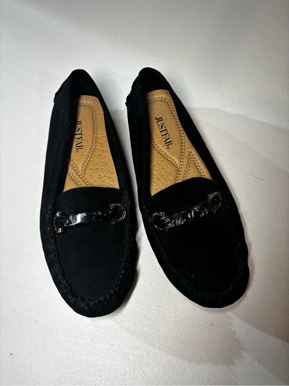 JustFab Black Suede Loafers with Chain Detail